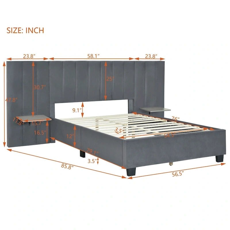 Beige Velvet Upholstered Platform Bed with Oversized Headboard & Side Shelves, Full/Queen
