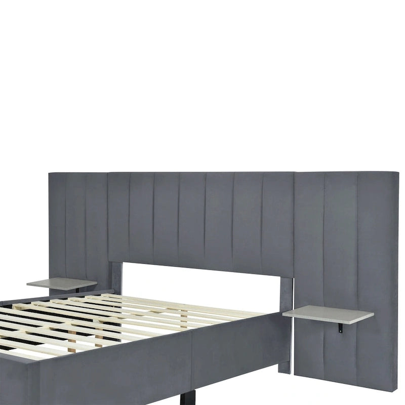 Beige Velvet Upholstered Platform Bed with Oversized Headboard & Side Shelves, Full/Queen