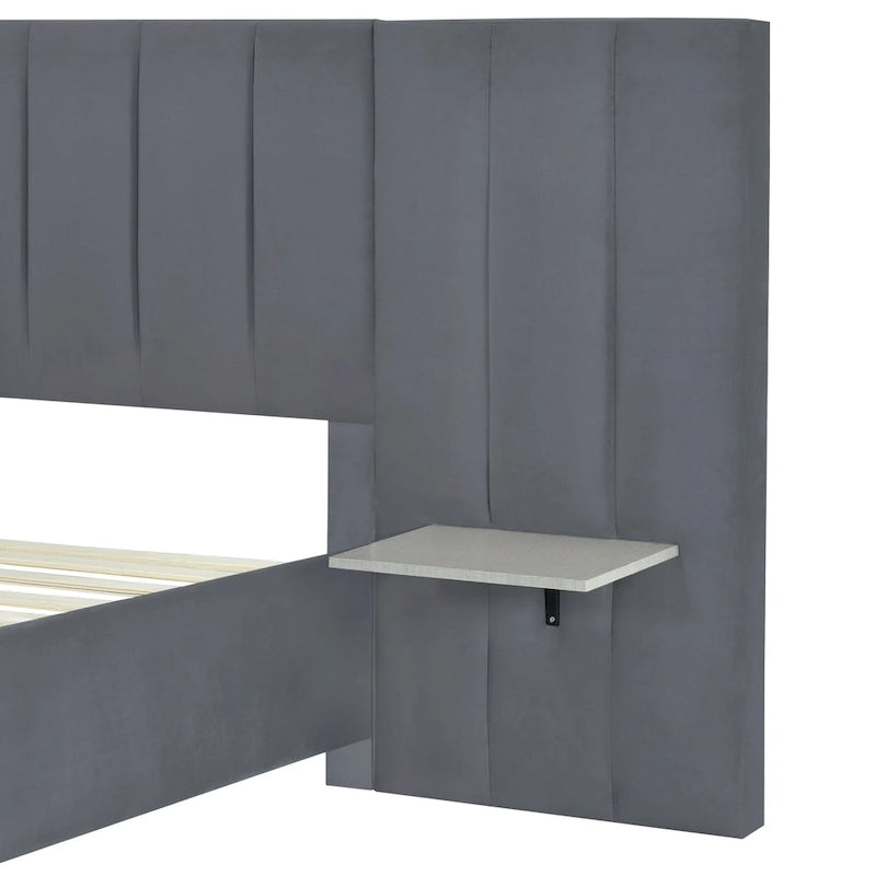 Beige Velvet Upholstered Platform Bed with Oversized Headboard & Side Shelves, Full/Queen