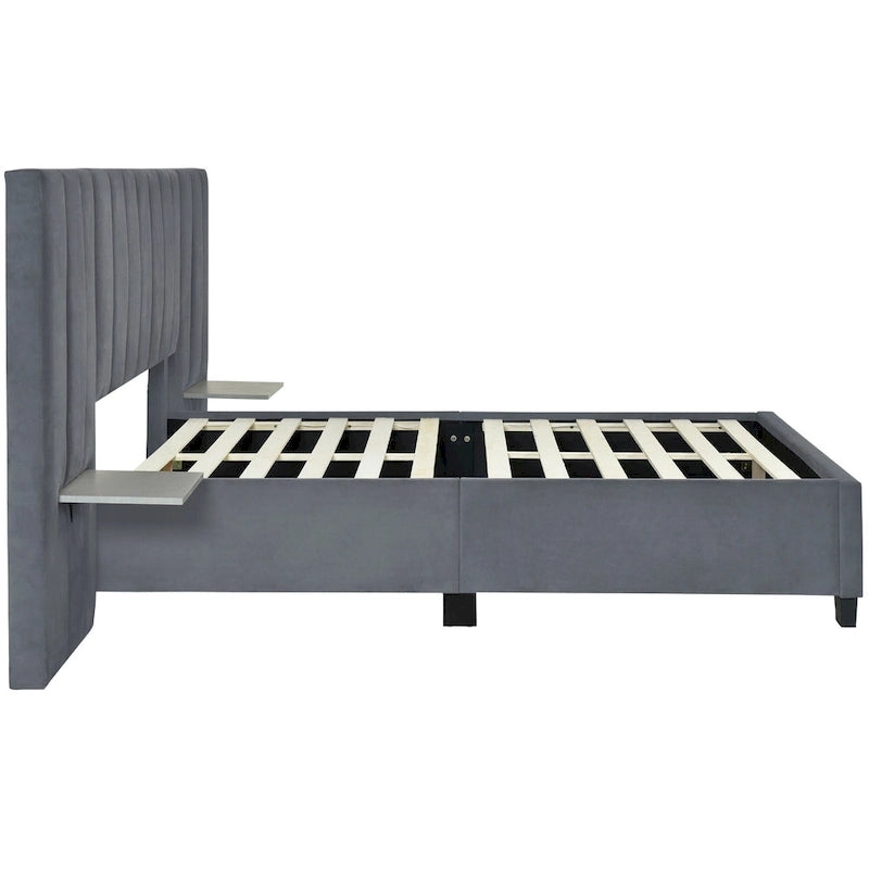 Beige Velvet Upholstered Platform Bed with Oversized Headboard & Side Shelves, Full/Queen