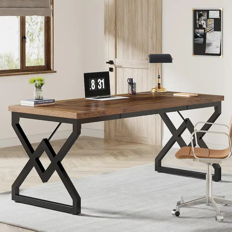 63" Brown Single-Person Executive Desk, Vintage Style