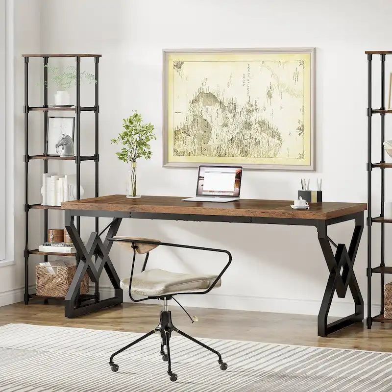 63" Brown Single-Person Executive Desk, Vintage Style