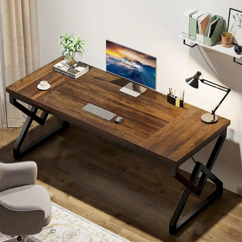 63" Brown Single-Person Executive Desk, Vintage Style