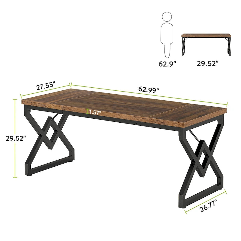 63" Brown Single-Person Executive Desk, Vintage Style