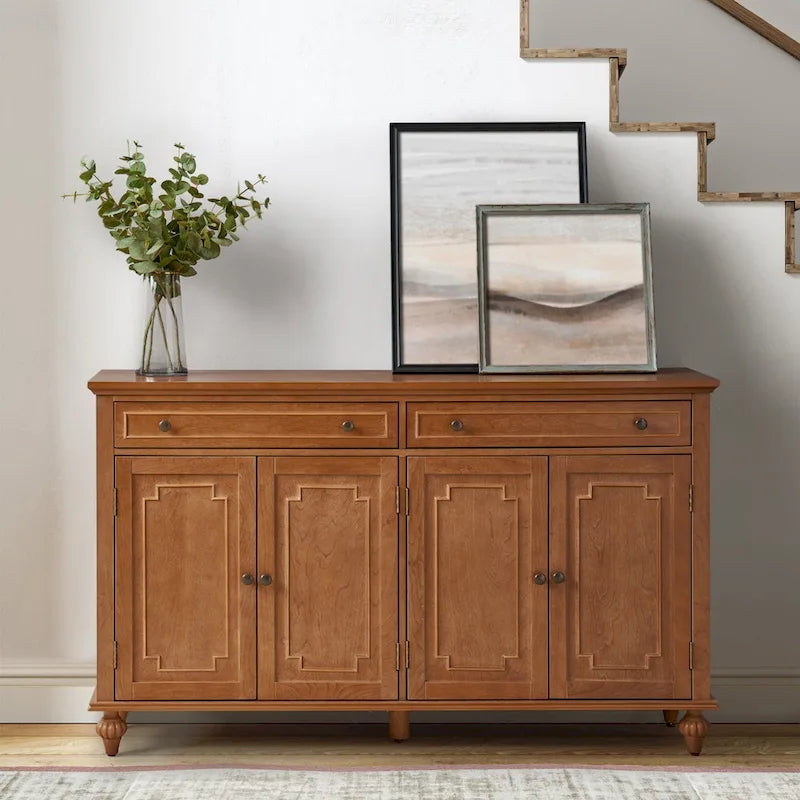 Acorn / White 58" Traditional 4-Door 2-Drawer Sideboard with Wine Rack, Seats 1