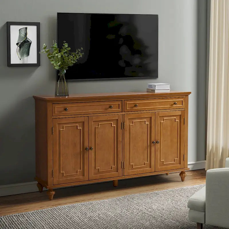 Acorn / White 58" Traditional 4-Door 2-Drawer Sideboard with Wine Rack, Seats 1