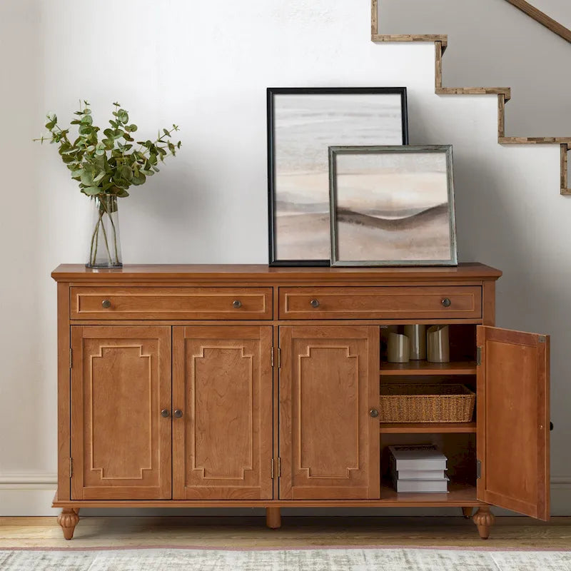 Acorn / White 58" Traditional 4-Door 2-Drawer Sideboard with Wine Rack, Seats 1