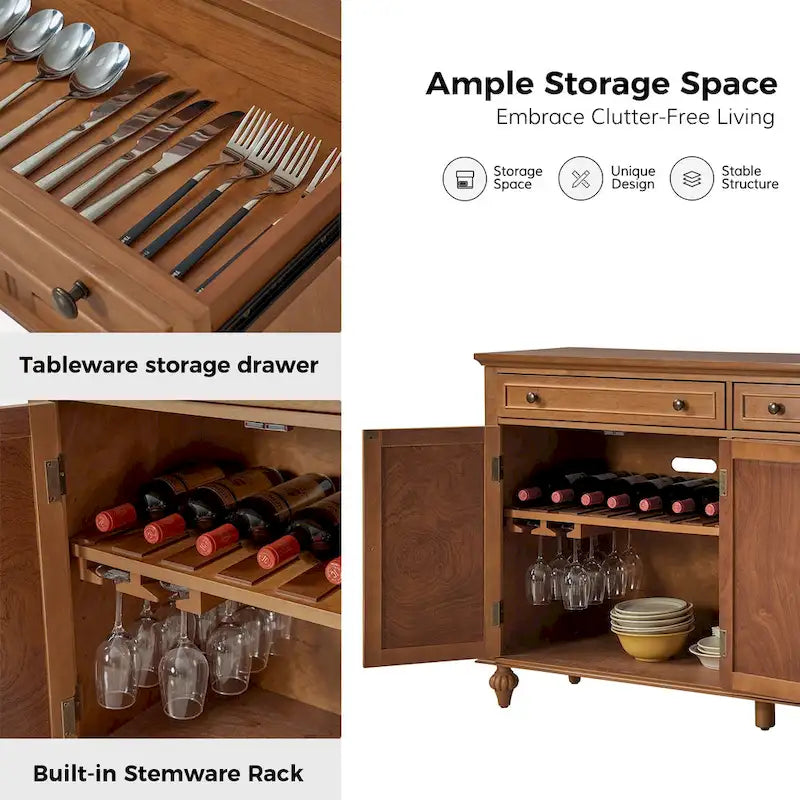 Acorn / White 58" Traditional 4-Door 2-Drawer Sideboard with Wine Rack, Seats 1