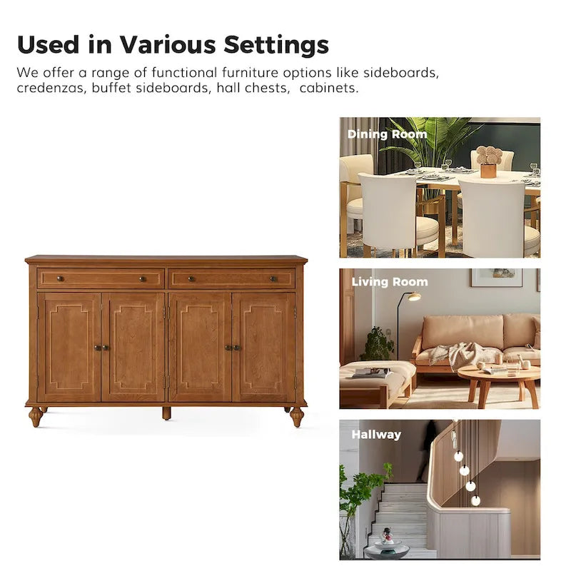 Acorn / White 58" Traditional 4-Door 2-Drawer Sideboard with Wine Rack, Seats 1