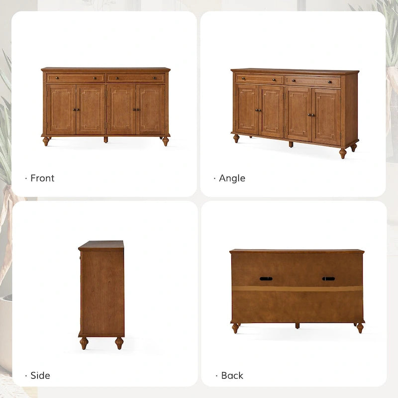 Acorn / White 58" Traditional 4-Door 2-Drawer Sideboard with Wine Rack, Seats 1