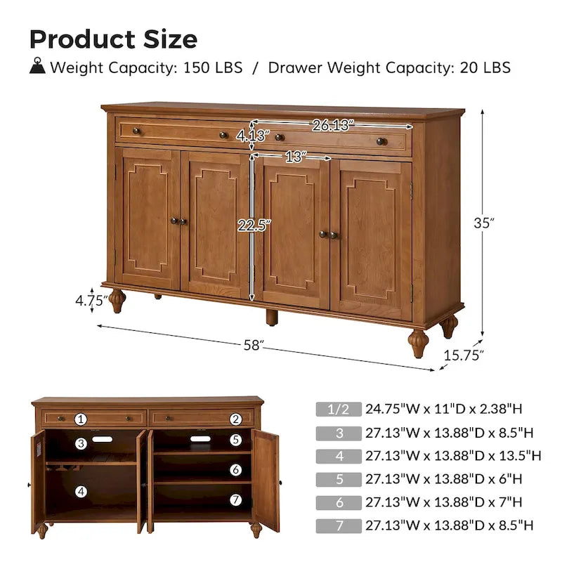 Acorn / White 58" Traditional 4-Door 2-Drawer Sideboard with Wine Rack, Seats 1