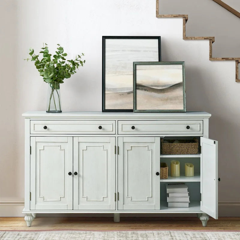 Acorn / White 58" Traditional 4-Door 2-Drawer Sideboard with Wine Rack, Seats 1