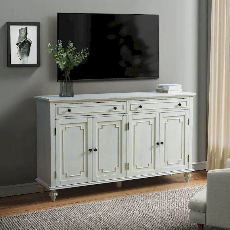 Acorn / White 58" Traditional 4-Door 2-Drawer Sideboard with Wine Rack, Seats 1