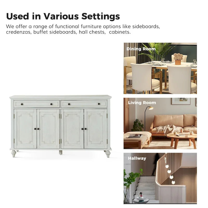Acorn / White 58" Traditional 4-Door 2-Drawer Sideboard with Wine Rack, Seats 1