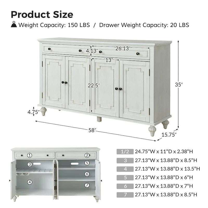 Acorn / White 58" Traditional 4-Door 2-Drawer Sideboard with Wine Rack, Seats 1