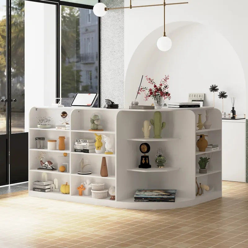 White L-Shaped Reception Desk with Storage, Single-Person Workstation