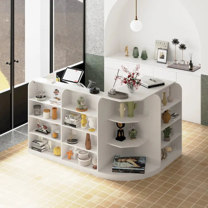 White L-Shaped Reception Desk with Storage, Single-Person Workstation