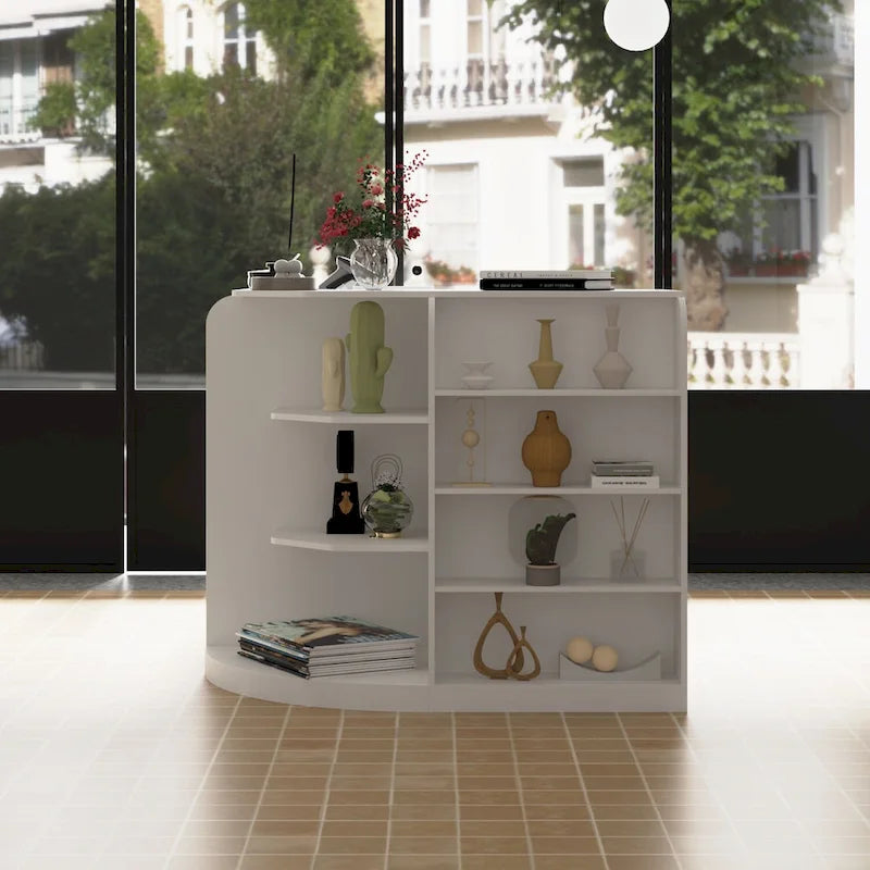 White L-Shaped Reception Desk with Storage, Single-Person Workstation