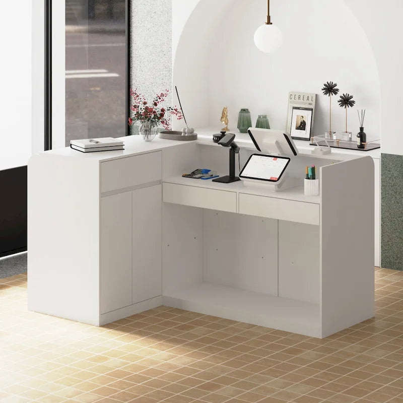 White L-Shaped Reception Desk with Storage, Single-Person Workstation
