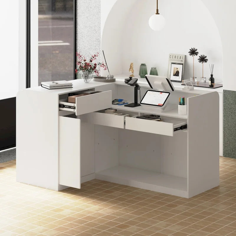 White L-Shaped Reception Desk with Storage, Single-Person Workstation