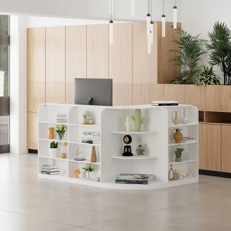 White L-Shaped Reception Desk with Storage, Single-Person Workstation