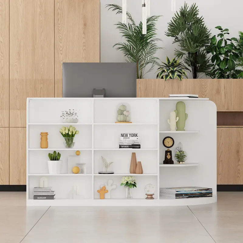 White L-Shaped Reception Desk with Storage, Single-Person Workstation