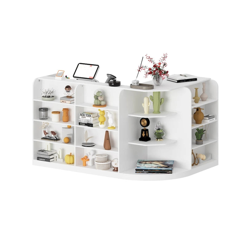 White L-Shaped Reception Desk with Storage, Single-Person Workstation
