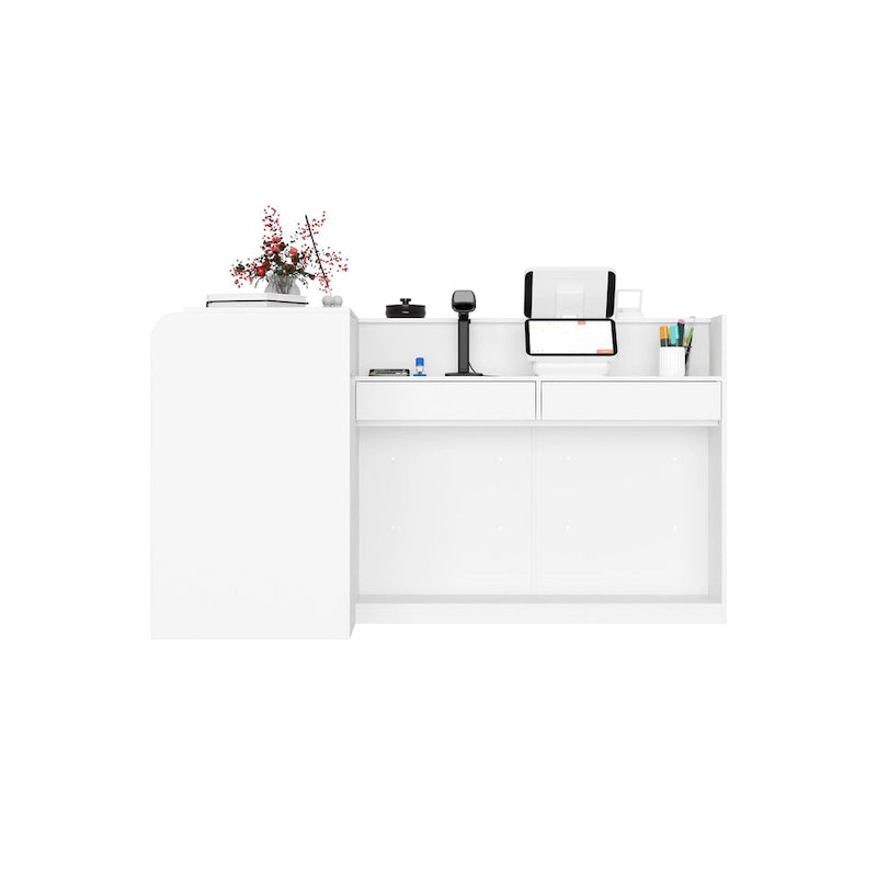 White L-Shaped Reception Desk with Storage, Single-Person Workstation