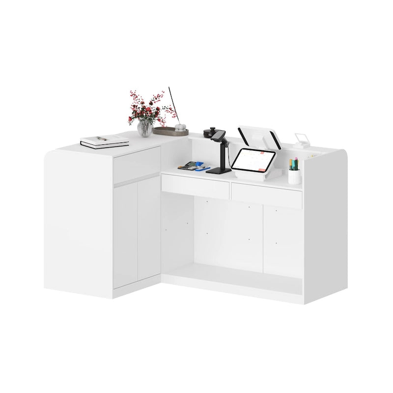 White L-Shaped Reception Desk with Storage, Single-Person Workstation