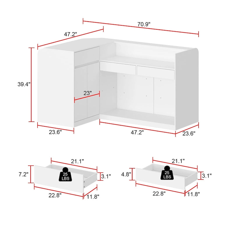 White L-Shaped Reception Desk with Storage, Single-Person Workstation