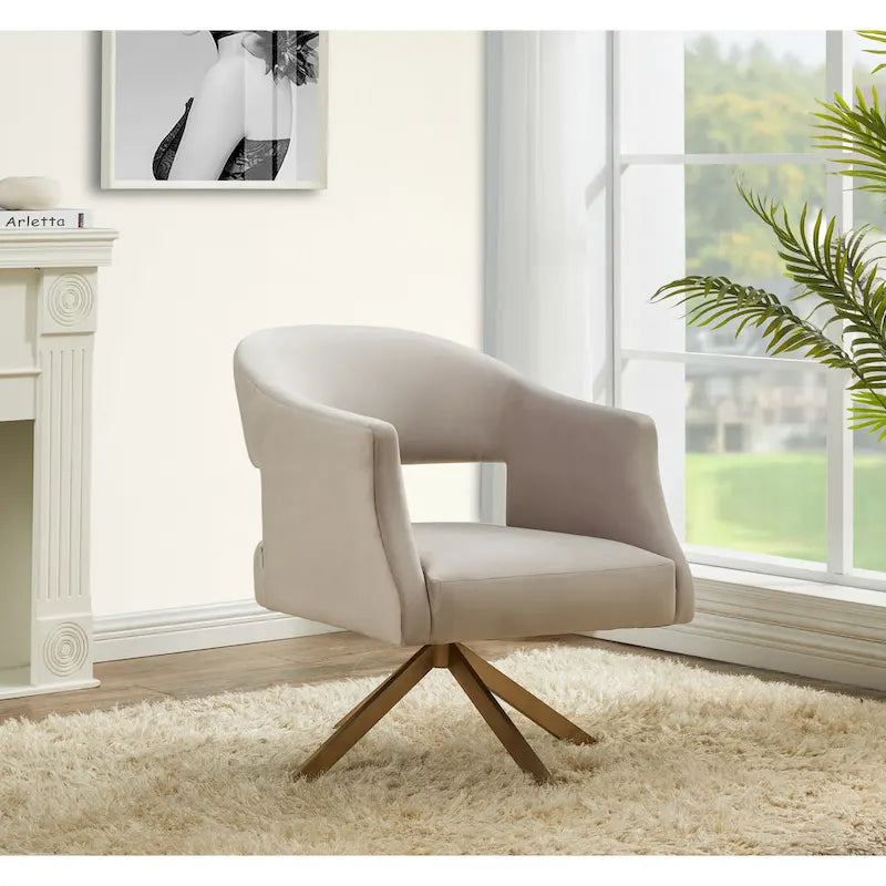 Ivory/Gold Velvet Swivel Accent Chair, Single Seat – 27"W x 29"D x 33"H