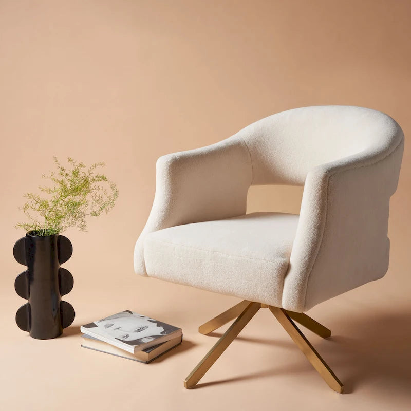 Ivory/Gold Velvet Swivel Accent Chair, Single Seat – 27"W x 29"D x 33"H