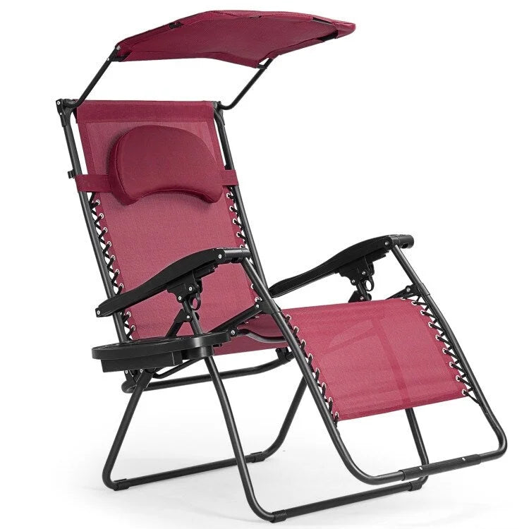 Dark Red Reclining Lounge Chair with Sunshade & Cup Holder, 1-Person
