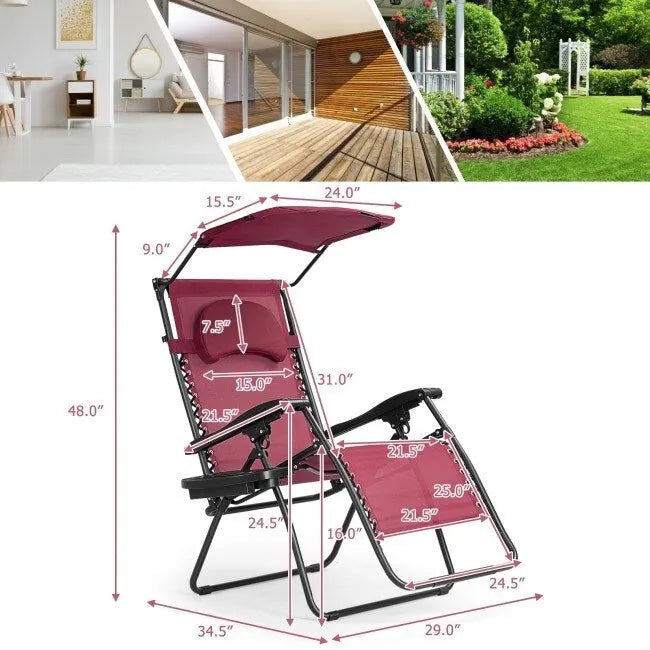 Dark Red Reclining Lounge Chair with Sunshade & Cup Holder, 1-Person