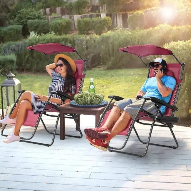 Dark Red Reclining Lounge Chair with Sunshade & Cup Holder, 1-Person