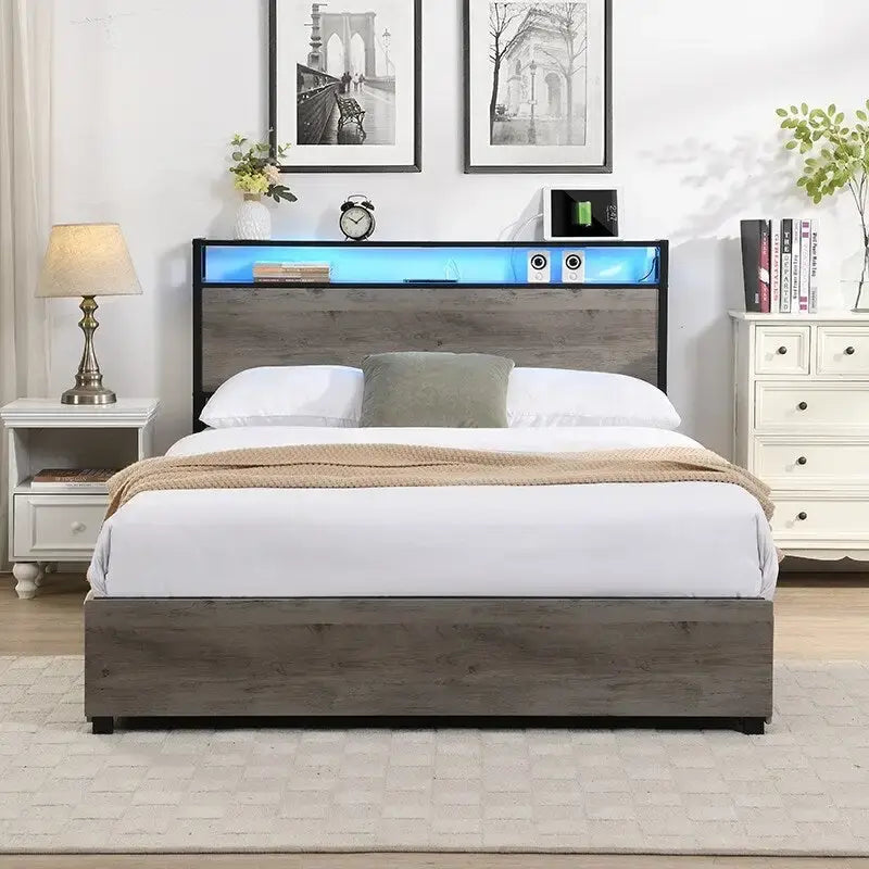 Black Platform Bed Frame with LED Lights & Storage, Full/Queen, 2-Person