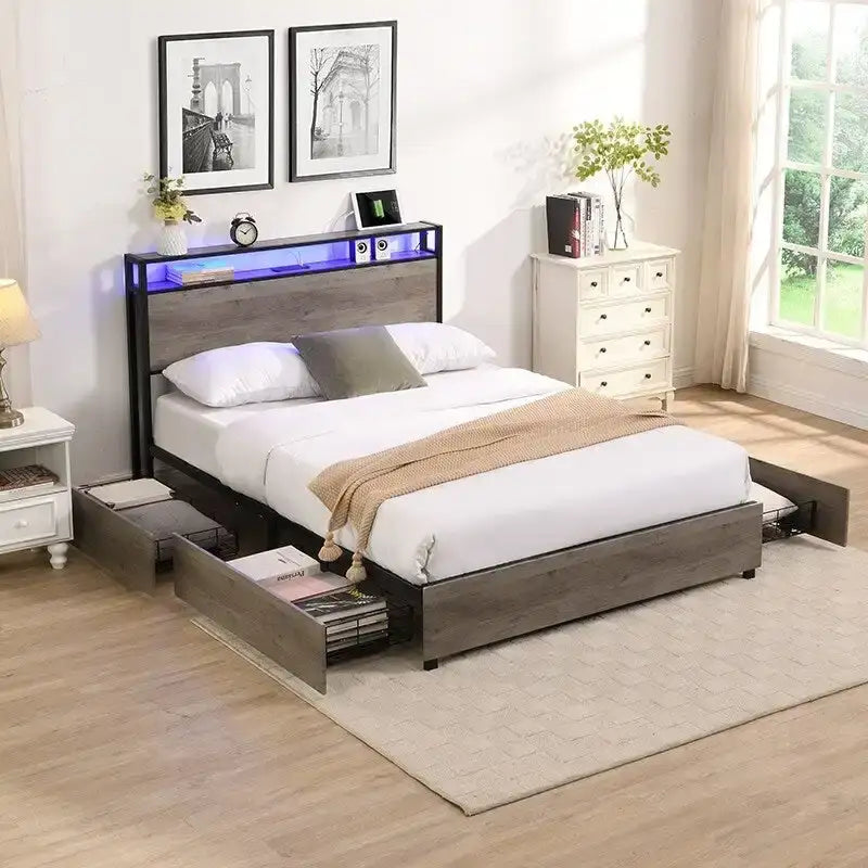 Black Platform Bed Frame with LED Lights & Storage, Full/Queen, 2-Person