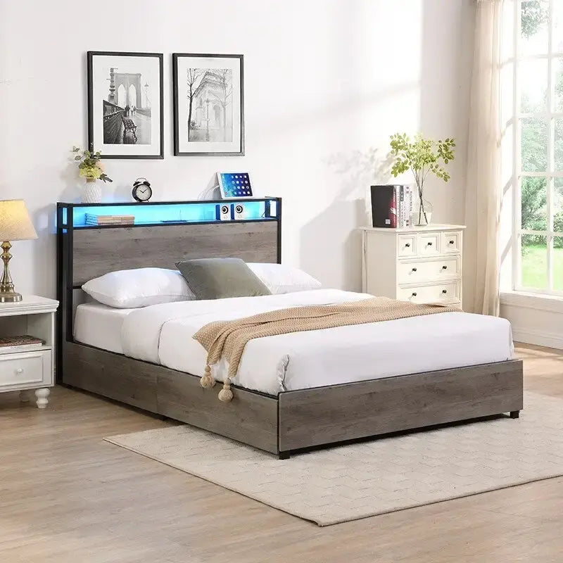 Black Platform Bed Frame with LED Lights & Storage, Full/Queen, 2-Person