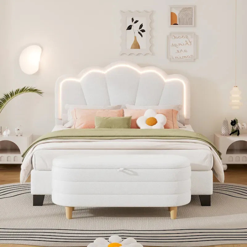 White/Pink Flower-Shaped LED Upholstered Bed with Storage Bench, Full/Twin, 2-Piece Set