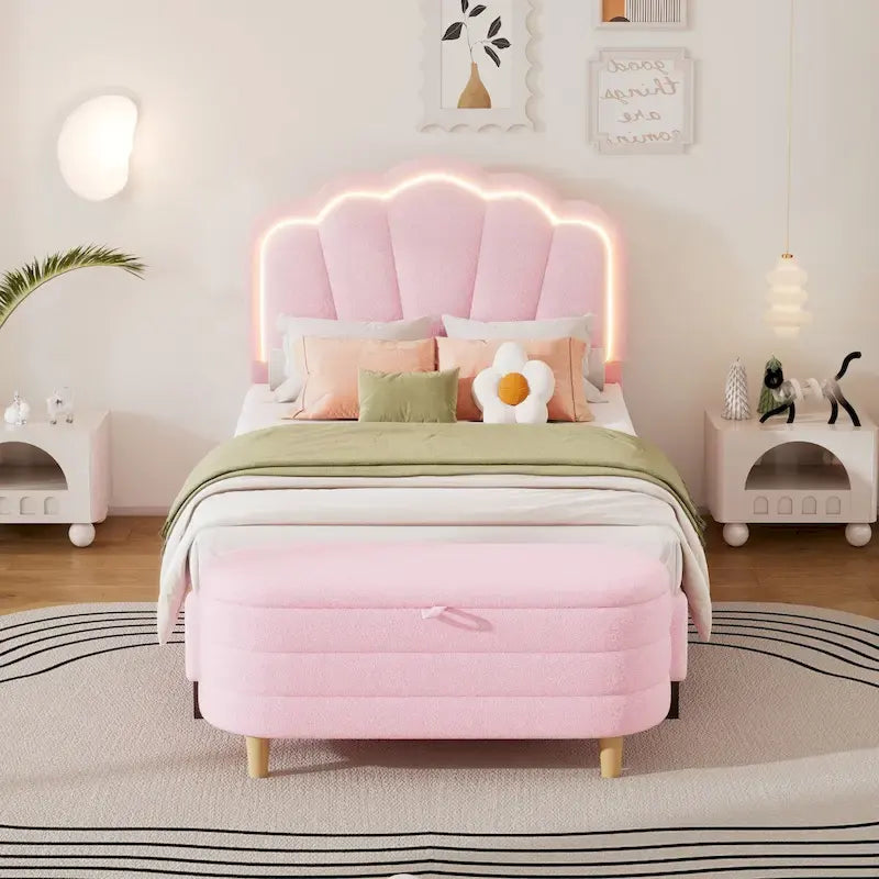 White/Pink Flower-Shaped LED Upholstered Bed with Storage Bench, Full/Twin, 2-Piece Set