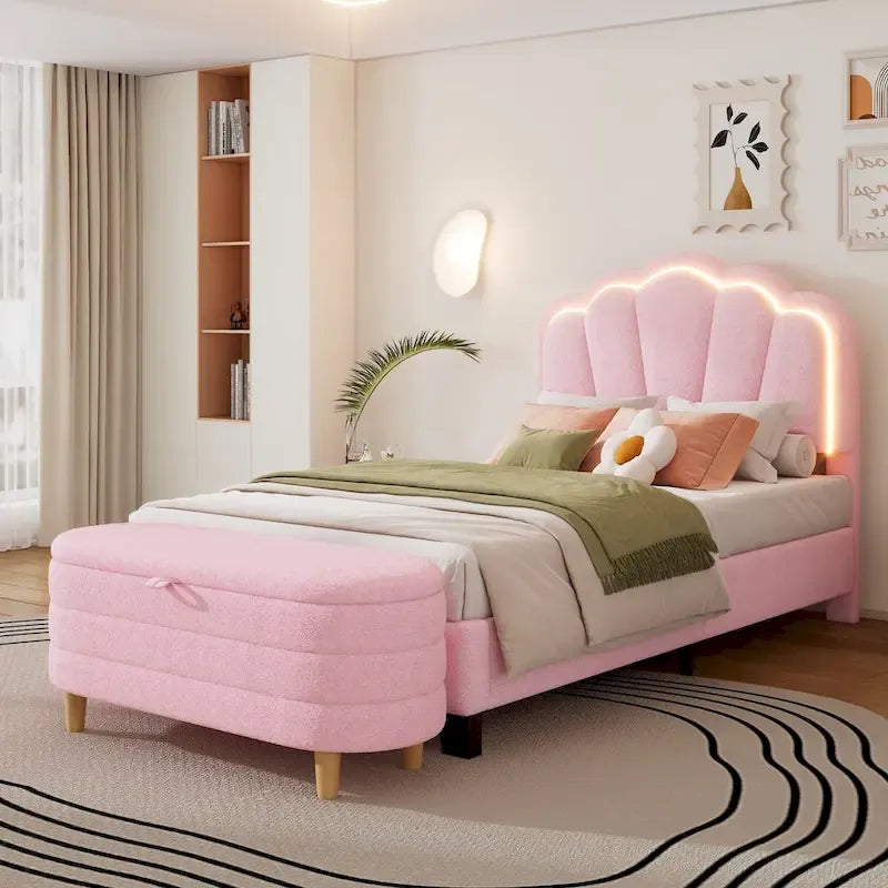White/Pink Flower-Shaped LED Upholstered Bed with Storage Bench, Full/Twin, 2-Piece Set