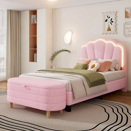 2-Pieces Bedroom Sets Full/Twin Size Flower-Shaped Upholstered LED Platform Bed with Storage Ottoman-Sherpa Fabric