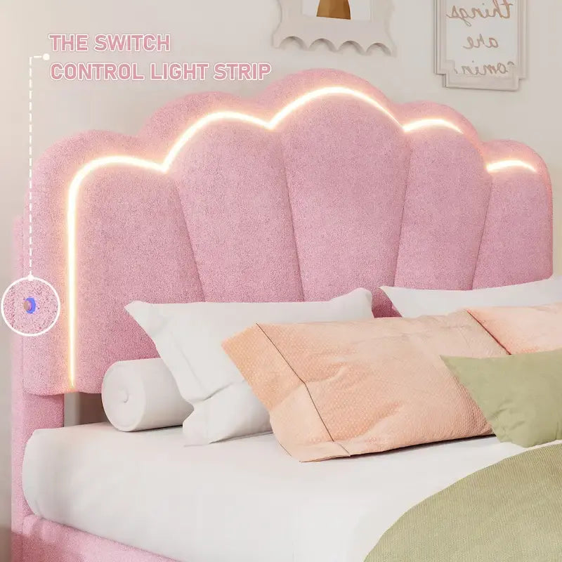 White/Pink Flower-Shaped LED Upholstered Bed with Storage Bench, Full/Twin, 2-Piece Set