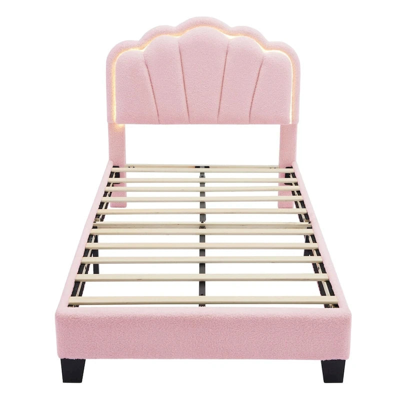 White/Pink Flower-Shaped LED Upholstered Bed with Storage Bench, Full/Twin, 2-Piece Set