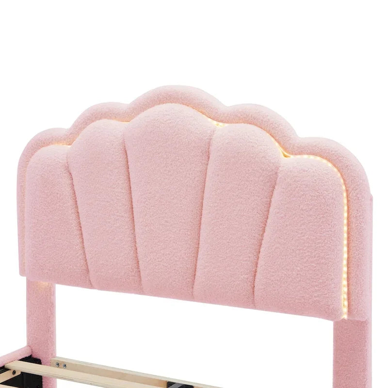 White/Pink Flower-Shaped LED Upholstered Bed with Storage Bench, Full/Twin, 2-Piece Set