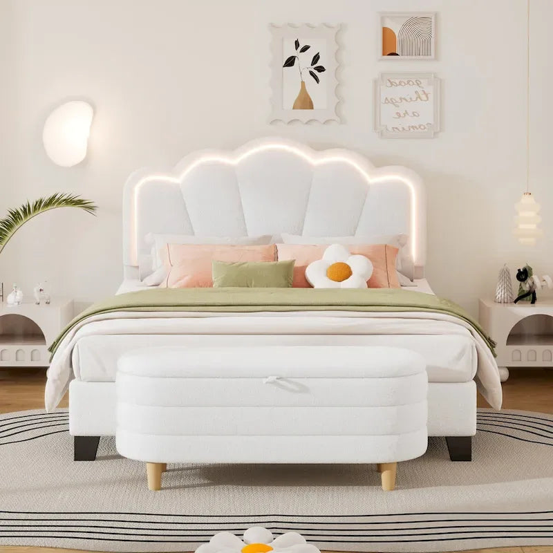 White/Pink Flower-Shaped LED Upholstered Bed with Storage Bench, Full/Twin, 2-Piece Set