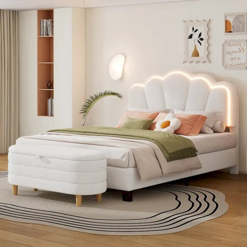 White/Pink Flower-Shaped LED Upholstered Bed with Storage Bench, Full/Twin, 2-Piece Set