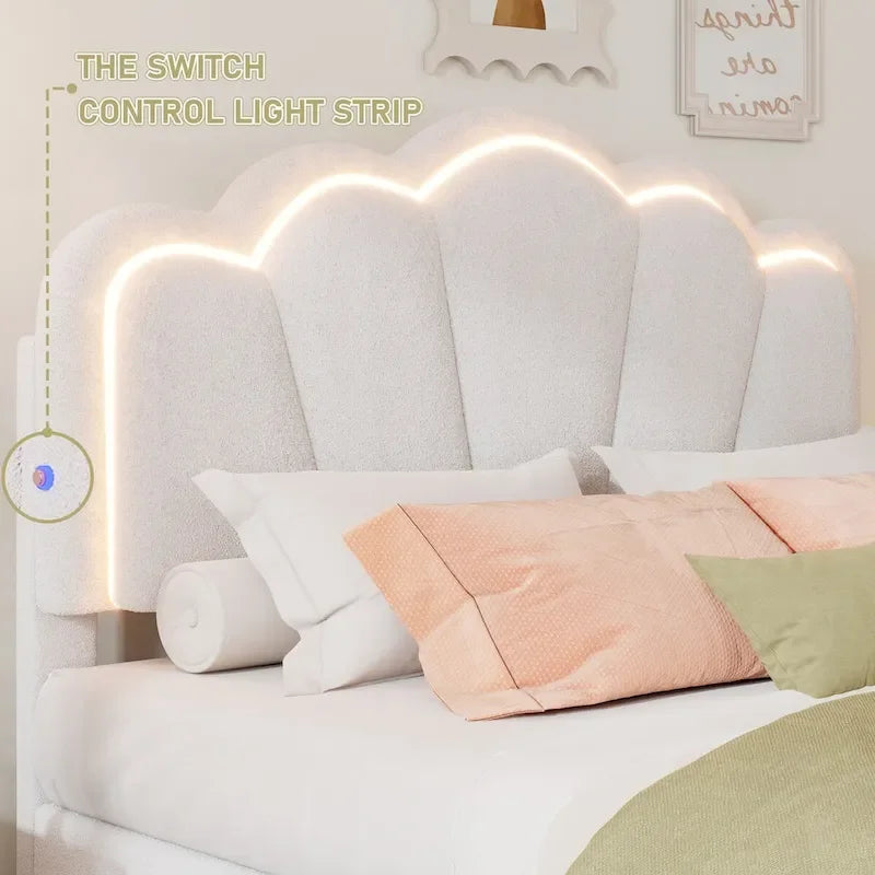 White/Pink Flower-Shaped LED Upholstered Bed with Storage Bench, Full/Twin, 2-Piece Set