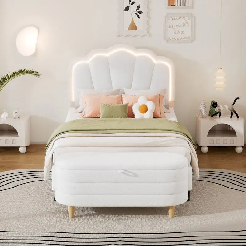 White/Pink Flower-Shaped LED Upholstered Bed with Storage Bench, Full/Twin, 2-Piece Set