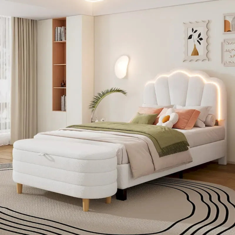 White/Pink Flower-Shaped LED Upholstered Bed with Storage Bench, Full/Twin, 2-Piece Set